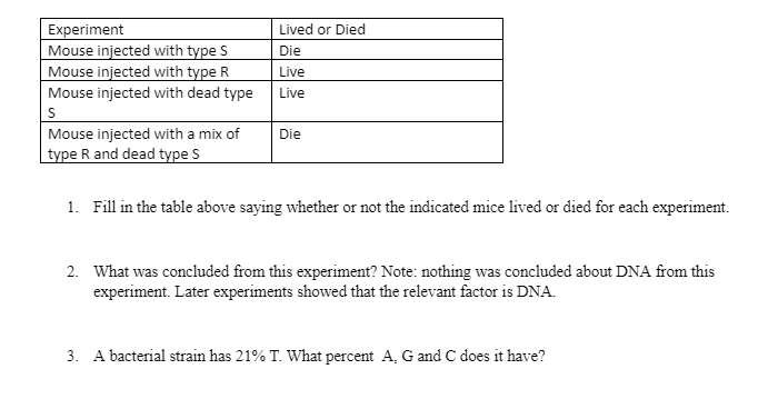 Experiment
Mouse injected with type S
Mouse injected with type R
Lived or Died
Die
Live
Mouse injected with dead type
Live
S
Mouse injected with a mix of
Die
type R and dead type S
1. Fill in the table above saying whether or not the indicated mice lived or died for each experiment.
2. What was concluded from this experiment? Note: nothing was concluded about DNA from this
experiment. Later experiments showed that the relevant factor is DNA.
3. A bacterial strain has 21% T. What percent A, G and C does it have?
