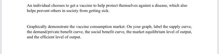 An individual chooses to get a vaccine to help protect themselves against a disease, which also
helps prevent others in society from getting sick.
Graphically demonstrate the vaccine consumption market. On your graph, label the supply curve,
the demand/private benefit curve, the social benefit curve, the market equilibrium level of output,
and the efficient level of output.