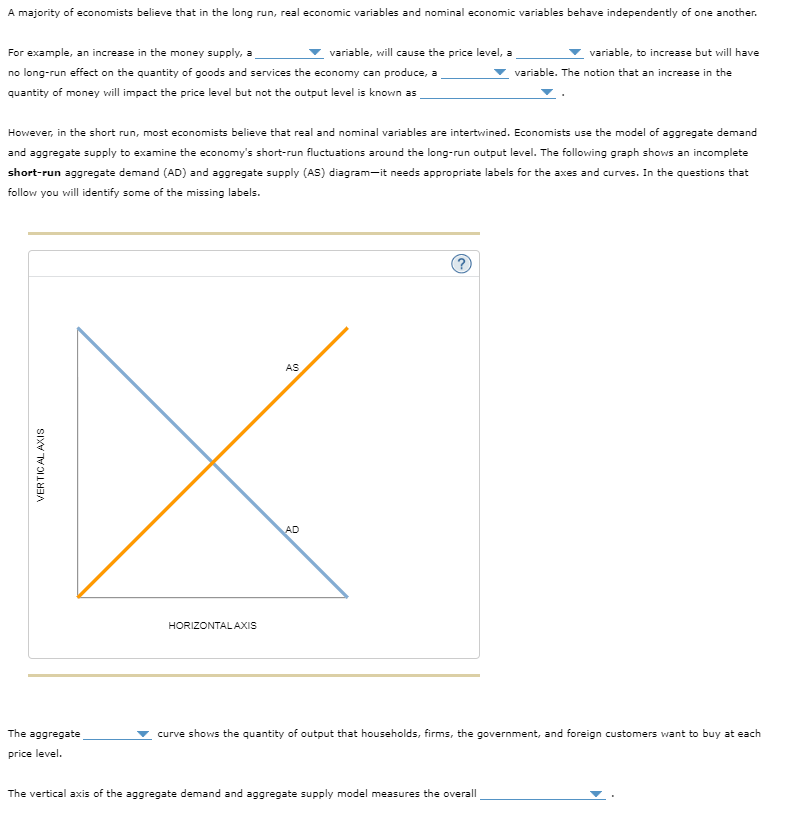 A majority of economists believe that in the long run, real economic variables and nominal economic variables behave independently of one another.
For example, an increase in the money supply, a
no long-run effect on the quantity of goods and services the economy can produce, a
quantity of money will impact the price level but not the output level is known as
VERTICAL AXIS
However, in the short run, most economists believe that real and nominal variables are intertwined. Economists use the model of aggregate demand
and aggregate supply to examine the economy's short-run fluctuations around the long-run output level. The following graph shows an incomplete
short-run aggregate demand (AD) and aggregate supply (AS) diagram-it needs appropriate labels for the axes and curves. In the questions that
follow you will identify some of the missing labels.
The aggregate
price level.
HORIZONTAL AXIS
AS
variable, will cause the price level, a
AD
(?
variable, to increase but will have
variable. The notion that an increase in the
curve shows the quantity of output that households, firms, the government, and foreign customers want to buy at each
The vertical axis of the aggregate demand and aggregate supply model measures the overall