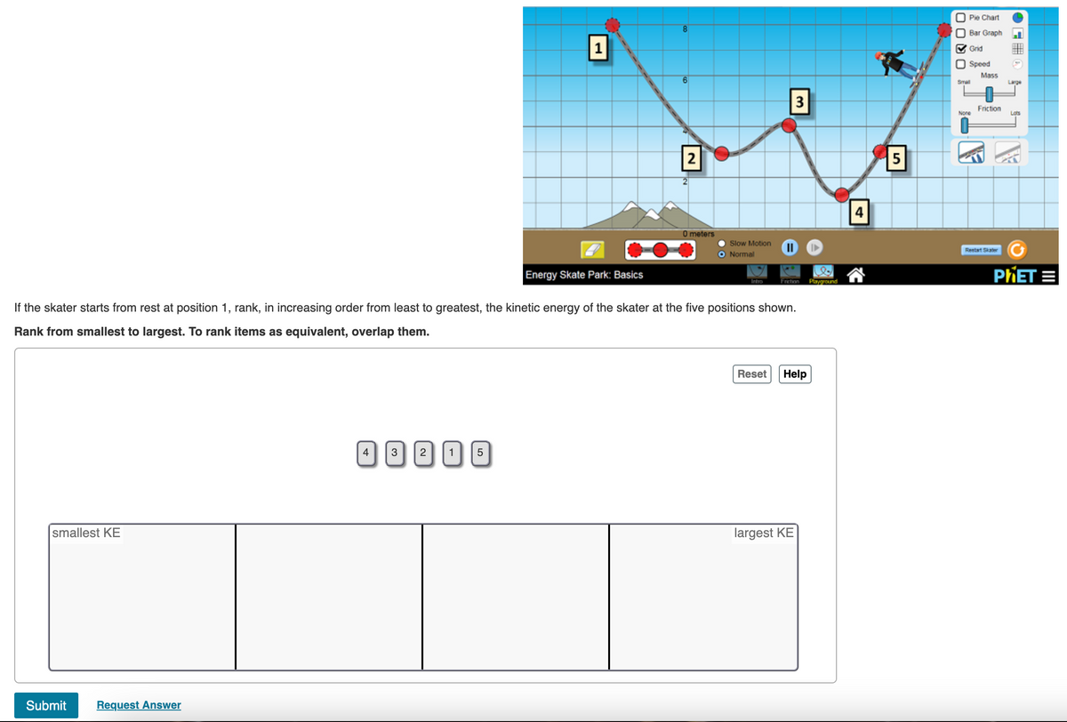 smallest KE
Submit Request Answer
4
1
3215
Energy Skate Park: Basics
8
6
2
0 meters
Slow Motion
Normal
Intro
If the skater starts from rest at position 1, rank, in increasing order from least to greatest, the kinetic energy of the skater at the five positions shown.
Rank from smallest to largest. To rank items as equivalent, overlap them.
||
3
le
Friction Playground
Reset Help
largest KE
I▶
4
5
OOO
Pie Chart
Bar Graph
✔Grid
Speed
Mass
Smal
None
Friction
Restart Skater
Large
Lots
PHET=