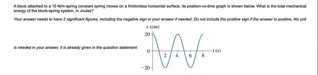 A block attached to a 15 N/m-spring constant spring moves on a frictionless horizontal surface, its position-vs-time graph is shown below. What is the total mechanical
energy of the block-spring system, in Joules?
Your answer needs to have 2 significant figures, including the negative sign in your answer if needed. Do not include the positive sign if the answer is positive. No unit
x (cm)
20
is needed in your answer, it is already given in the question statement.
0
-20-
ਲਈ
4
6
8
–t (s)