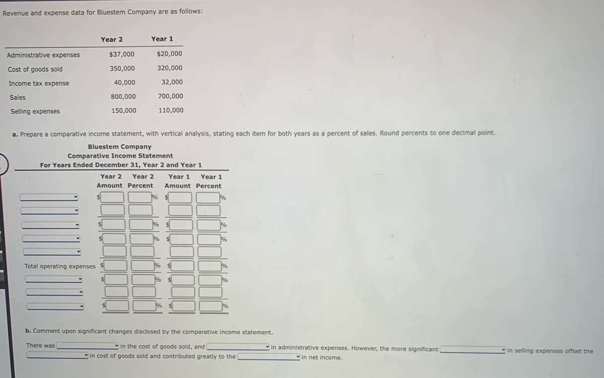 Revenue and expense data for Bluestem Company are as follows:
Administrative expenses
Cost of goods sold
Income tax expense
Sales
Selling expenses
Year 2
$37,000
350,000
40,000
800,000
150,000
Year 1
a. Prepare a comparative income statement, with vertical analysis, stating each item for both years as a percent of sales. Round percents to one decimal point.
Bluestem Company
Total operating expenses $
$
There was
Comparative Income Statement
For Years Ended December 31, Year 2 and Year 1
$20,000
320,000
32,000
700,000
110,000
Year 2 Year 2
Amount Percent
11%
%
Year 1
Year 1
Amount Percent
%%$
% $
%$
%
%
%
%
%
%
%
b. Comment upon significant changes disclosed by the comparative income statement.
in the cost of goods sold, and
in cost of goods sold and contributed greatly to the
in administrative expenses. However, the more significant
in net income.
in selling expenses offset the