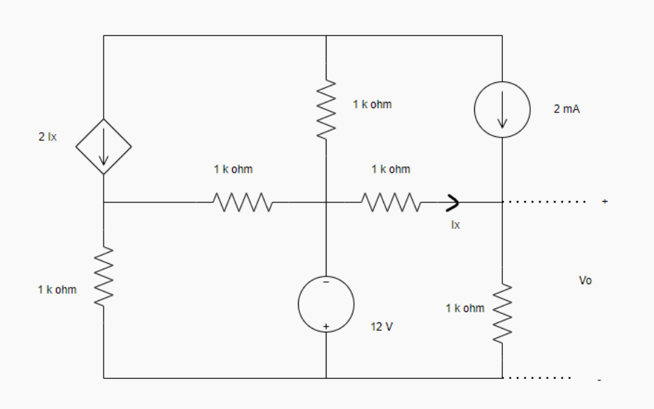 2 lx
1 k ohm
M
1 k ohm
www
1 k ohm
1 k ohm
ww
12 V
Ix
1 k ohm
www
2 mA
Vo