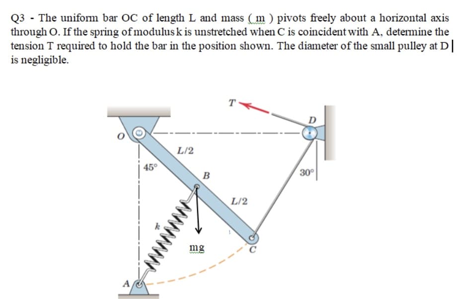 Q3 - The uniform bar OC of length L and mass ( m ) pivots freely about a horizontal axis
through O. If the spring of modulus k is unstretched when C is coincident with A, determine the
tension T required to hold the bar in the position shown. The diameter of the small pulley at D
is negligible.
T
L/2
45°
30°
B
L/2
mg
A
www
