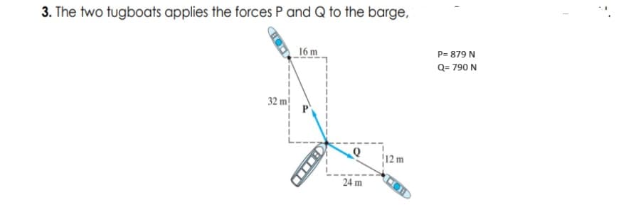 3. The two tugboats applies the forces P and Q to the barge,
321
12
16 m
24 m
12 m
P= 879 N
Q= 790 N
COD