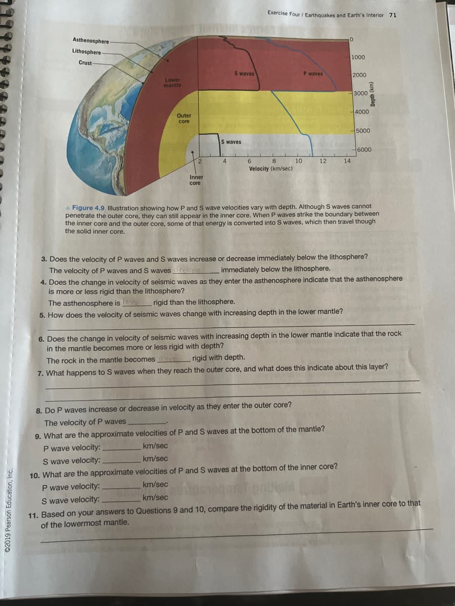 ©2019 Pearson Education, Inc.
Asthenosphere-
Lithosphere
Crust
Lower
mantle
Outer
core
2
Inner
core
S waves
S waves
4
Exercise Four / Earthquakes and Earth's Interior 71
8
6
Velocity (km/sec)
10
P waves
12
0
1000
The asthenosphere is ess
rigid than the lithosphere.
5. How does the velocity of seismic waves change with increasing depth in the lower mantle?
2000
14
E
3000
-4000
-5000
6000
▲ Figure 4.9 Illustration showing how P and S wave velocities vary with depth. Although S waves cannot
penetrate the outer core, they can still appear in the inner core. When P waves strike the boundary between
the inner core and the outer core, some of that energy is converted into S waves, which then travel though
the solid inner core.
3. Does the velocity of P waves and S waves increase or decrease immediately below the lithosphere?
The velocity of P waves and S waves deco
immediately below the lithosphere.
4. Does the change in velocity of seismic waves as they enter the asthenosphere indicate that the asthenosphere
is more or less rigid than the lithosphere?
6. Does the change in velocity of seismic waves with increasing depth in the lower mantle indicate that the rock
in the mantle becomes more or less rigid with depth?
The rock in the mantle becomes more rigid with depth.
7. What happens to S waves when they reach the outer core, and what does this indicate about this layer?
8. Do P waves increase or decrease in velocity as they enter the outer core?
The velocity of P waves
9. What are the approximate velocities of P and S waves at the bottom of the mantle?
P wave velocity:
km/sec
km/sec
S wave velocity:
10. What are the approximate velocities of P and S waves at the bottom of the inner core?
P wave velocity:
km/sec
km/sec
S wave velocity:
11. Based on your answers to Questions 9 and 10, compare the rigidity of the material in Earth's inner core to that
of the lowermost mantle.