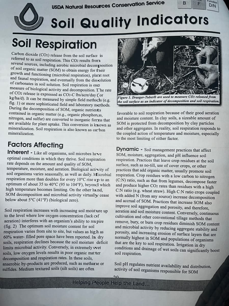 USDA Natural Resources Conservation Service
B
F
Function
D/N
Soil Quality Indicators
Soil Respiration
Carbon dioxide (CO2) release from the soil surface is
referred to as soil respiration. This CO2 results from
several sources, including aerobic microbial decomposition
of soil organic matter (SOM) to obtain energy for their
growth and functioning (microbial respiration), plant root
and faunal respiration, and eventually from the dissolution
of carbonates in soil solution. Soil respiration is one
measure of biological activity and decomposition. The rate
of CO2 release is expressed as CO2-C lbs/acre/day (or
kg/ha/d). It can be measured by simple field methods (e.g.
fig. 1) or more sophisticated field and laboratory methods.
During the decomposition of SOM, organic nutrients
contained in organic matter (e.g., organic phosphorus,
nitrogen, and sulfur) are converted to inorganic forms that
are available for plant uptake. This conversion is known as
mineralization. Soil respiration is also known as carbon
mineralization.
Factors Affecting
Inherent - Like all organisms, soil microbes have
optimal conditions in which they thrive. Soil respiration
rate depends on the amount and quality of SOM,
temperature, moisture, and aeration. Biological activity of
soil organisms varies seasonally, as well as daily. Microbial
respiration more than doubles for every 10°C rise up to an
optimum of about 35 to 40°C (95 to 104°F), beyond which
high temperature becomes limiting. On the other hand,
SOM decomposition and microbial activity virtually cease
below about 5°C (41°F) (biological zero).
Soil respiration increases with increasing soil moisture up
to the level where low oxygen concentration (lack of
aeration) interferes with an organism's ability to res pire
(fig. 2) The optimum soil moisture content for soil
respiration varies from site to site, but values as high as
60% water-filled pore space have been reported. In dry
soils, respiration declines because the soil moisture deficit
limits microbial activity. Conversely, in extremely wet
soils, low oxygen levels results in poor organic matter
decomposition and respiration rates. In these soils,
anaerobic by-products are produced, such as methane or
sulfides. Medium textured soils (silt soils) are often
Figure 1. Draeger-TubesⓇ are used to measure CO2 released from
the soil surface as an indicator of decomposition and soil respiration.
favorable to soil respiration because of their good aeration
and moisture content. In clay soils, a sizeable amount of
SOM is protected from decomposition by clay particles
and other aggregates. In reality, soil respiration responds to
the coupled action of temperature and moisture, especially
to the most limiting of either factor.
Dynamic Soil management practices that affect
SOM, moisture, aggregation, and pH influence soil
respiration. Practices that leave crop residues at the soil
surface, such as no-till, use of cover crops, or other
practices that add organic matter, usually promote soil
respiration. Crop residues with a low carbon to nitrogen
(C:N) ratio, such as that from legumes, decompose faster
and produce higher CO2 rates than residues with a high
C:N ratio (e.g. wheat straw). High C:N ratio crops coupled
with added N (from any source) increase decomposition
and accrual of SOM. Practices that increase SOM also
improve soil aggregation and porosity, and therefore,
aeration and soil moisture content. Conversely, continuous
cultivation and other conventional tillage methods that
remove, bury, or burn crop residues diminish SOM content
and microbial activity by reducing aggregate stability and
porosity, and increasing erosion of surface layers that are
normally highest in SOM and populations of organisms
that are the key to soil respiration. Irrigation in dry
conditions and drainage of wet soils can significantly boost
soil respiration.
Soil pH regulates nutrient availability and distribution,
activity of soil organisms responsible for SOM
20
Helping People Help the Land...