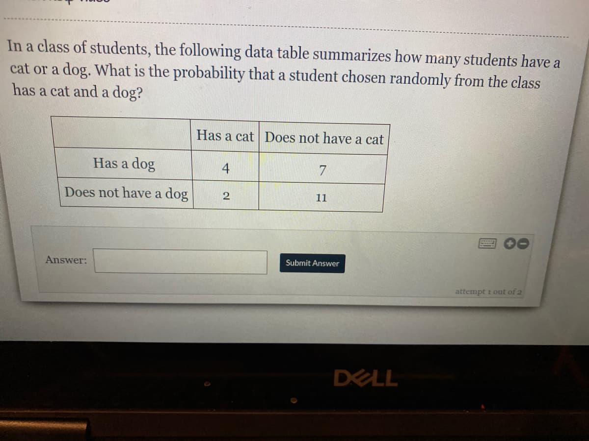 In a class of students, the following data table summarizes how many students have a
cat or a dog. What is the probability that a student chosen randomly from the class
has a cat and a dog?
Has a cat Does not have a cat
Has a dog
4
7
Does not have a dog
11
Answer:
Submit Answer
attempt i out of 2
DELL
