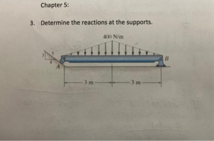 Chapter 5:
3. Determine the reactions at the supports.
A
3 m
400 N/m
-3 m
B