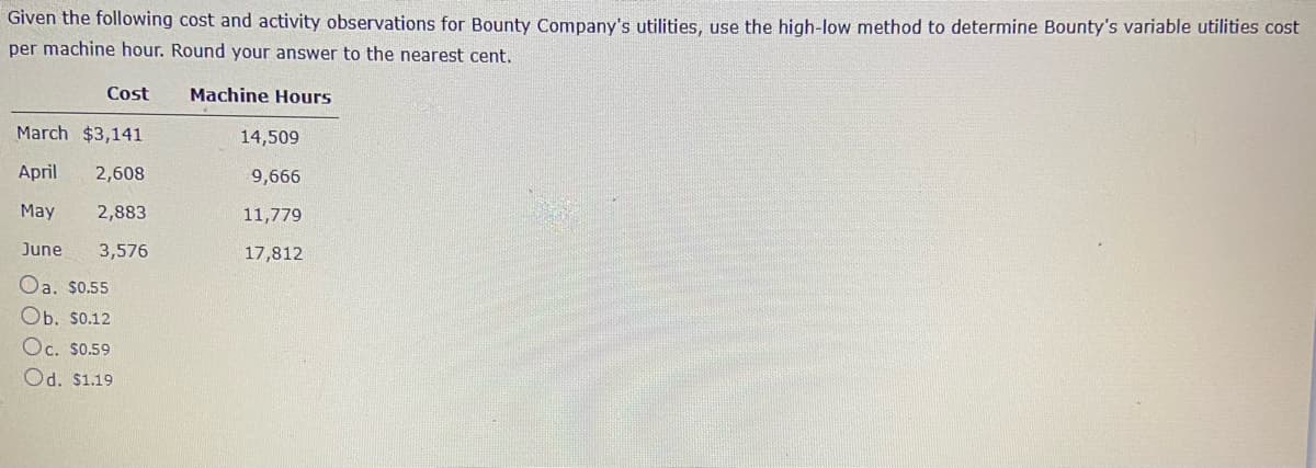 Given the following cost and activity observations for Bounty Company's utilities, use the high-low method to determine Bounty's variable utilities cost
per machine hour. Round your answer to the nearest cent.
Cost
Machine Hours
March $3,141
14,509
April
2,608
9,666
May
2,883
11,779
June
3,576
17,812
Oa. s0.55
Ob. s0.12
Oc. S0.59
Od. $1.19
