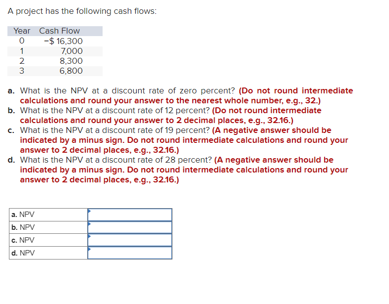 A project has the following cash flows:
Year Cash Flow
0
- $ 16,300
1
7,000
2
3
8,300
6,800
a. What is the NPV at a discount rate of zero percent? (Do not round intermediate
calculations and round your answer to the nearest whole number, e.g., 32.)
b. What is the NPV at a discount rate of 12 percent? (Do not round intermediate
calculations and round your answer to 2 decimal places, e.g., 32.16.)
c. What is the NPV at a discount rate of 19 percent? (A negative answer should be
indicated by a minus sign. Do not round intermediate calculations and round your
answer to 2 decimal places, e.g., 32.16.)
d. What is the NPV at a discount rate of 28 percent? (A negative answer should be
indicated by a minus sign. Do not round intermediate calculations and round your
answer to 2 decimal places, e.g., 32.16.)
a. NPV
b. NPV
c. NPV
d. NPV