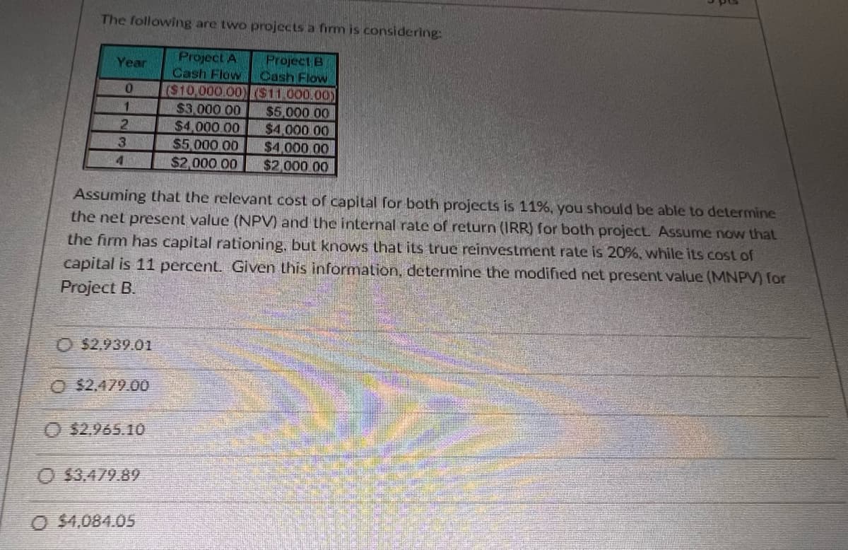 The following are two projects a firm is considering:
Project B
Cash Flow
Year
0
1
2
3
4
$2,939.01
Assuming that the relevant cost of capital for both projects is 11%, you should be able to determine
the net present value (NPV) and the internal rate of return (IRR) for both project. Assume now that
the firm has capital rationing, but knows that its true reinvestment rate is 20%, while its cost of
capital is 11 percent. Given this information, determine the modified net present value (MNPV) for
Project B.
O $2.479.00
O $2.965.10
O$3.479.89
Project A
Cash Flow
O $4,084.05
($10,000.00) ($11,000.00)
$3,000.00
$5,000.00
$4,000.00
$4,000 00
$5,000.00
$4,000.00
$2,000.00
$2,000.00