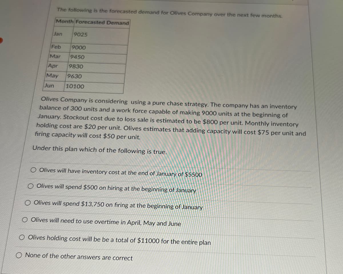 The following is the forecasted demand for Olives Company over the next few months.
Month Forecasted Demand
Jan 9025
Feb 9000
Mar
9450
Apr
9830
May
9630
Jun
10100
Olives Company is considering using a pure chase strategy. The company has an inventory
balance of 300 units and a work force capable of making 9000 units at the beginning of
January. Stockout cost due to loss sale is estimated to be $800 per unit. Monthly inventory
holding cost are $20 per unit. Olives estimates that adding capacity will cost $75 per unit and
firing capacity will cost $50 per unit.
Under this plan which of the following is true.
O Olives will have inventory cost at the end of January of $5500
O Olives will spend $500 on hiring at the beginning of January
O Olives will spend $13,750 on firing at the beginning of January
Olives will need to use overtime in April, May and June
O Olives holding cost will be be a total of $11000 for the entire plan
O None of the other answers are correct