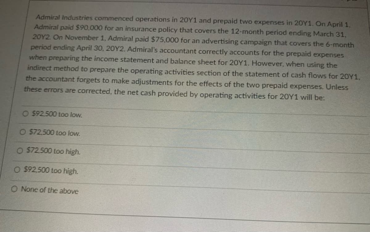 Admiral Industries commenced operations in 20Y1 and prepaid two expenses in 20Y1. On April 1,
Admiral paid $90,000 for an insurance policy that covers the 12-month period ending March 31,
20Y2. On November 1, Admiral paid $75,000 for an advertising campaign that covers the 6-month
period ending April 30, 20Y2. Admiral's accountant correctly accounts for the prepaid expenses
when preparing the income statement and balance sheet for 20Y1. However, when using the
indirect method to prepare the operating activities section of the statement of cash flows for 20Y1,
the accountant forgets to make adjustments for the effects of the two prepaid expenses. Unless
these errors are corrected, the net cash provided by operating activities for 20Y1 will be:
$92,500 too low.
O $72,500 too low.
O $72,500 too high.
O $92,500 too high.
O None of the above