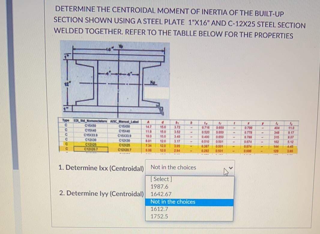 DETERMINE THE CENTROIDAL MOMENT OF INERTIA OF THE BUILT-UP
SECTION SHOWN USING A STEEL PLATE 1"X16" AND C-12X25 STEEL SECTION
WELDED TOGETHER. REFER TO THE TABLLE BELOW FOR THE PROPERTIES
12
Type EDSM Nomenciature AISC Manual Label
C15X50
14.7
3.72
3.52
3.40
15.0
8716
0.799
404
11.0
17
C1SK40
C15X40
118
10.0
150
0520
0.400
0510
0650
0.650
0.501
0.501
0.501
0.778
348
315
C15K339
15.0
120
0.788
.07
C1200
C12X25
C12207
C1200
8.01
7.34
3.17
0.674
162
5.12
C1228
C12207
12.0
3.05
234
0.674
144
445
12.0
0.282
129
3.05
1. Determine Ixx (Centroidal) Not in the choices
[Select]
1987.6
2. Determine lyy (Centroidal) 1642.67
Not in the choices
1612.7
1752.5
