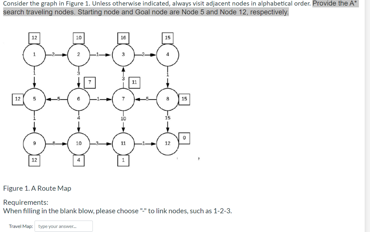 Consider the graph in Figure 1. Unless otherwise indicated, always visit adjacent nodes in alphabetical order. Provide the A*
search traveling nodes. Starting node and Goal node are Node 5 and Node 12, respectively.
12
10
16
15
2
3
11
12
15
10
15
10
11
12
12
4
1
Figure 1. A Route Map
Requirements:
When filling in the blank blow, please choose "-" to link nodes, such as 1-2-3.
Travel Map: type your answer.

