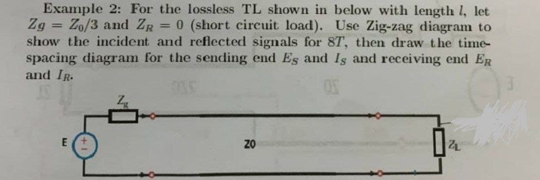 Example 2: For the lossless TL shown in below with length 1, let
Zg Zo/3 and ZR = 0 (short circuit load). Use Zig-zag diagram to
show the incident and reflected signals for 8T, then draw the time-
spacing diagram for the sending end Es and Is and receiving end ER
and IR.
OF
=
E
ZO
0₂₁