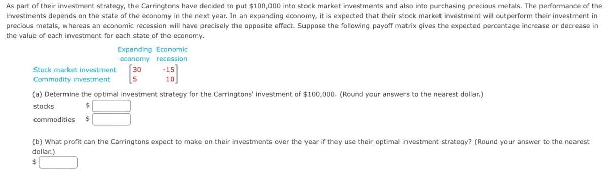 As part of their investment strategy, the Carringtons have decided to put $100,000 into stock market investments and also into purchasing precious metals. The performance of the
investments depends on the state of the economy in the next year. In an expanding economy, it is expected that their stock market investment will outperform their investment in
precious metals, whereas an economic recession will have precisely the opposite effect. Suppose the following payoff matrix gives the expected percentage increase or decrease in
the value of each investment for each state of the economy.
Stock market investment
30
5
Expanding Economic
economy recession
-15
10
Commodity investment
(a) Determine the optimal investment strategy for the Carringtons' investment of $100,000. (Round your answers to the nearest dollar.)
stocks
commodities
(b) What profit can the Carringtons expect to make on their investments over the year if they use their optimal investment strategy? (Round your answer to the nearest
dollar.)
$