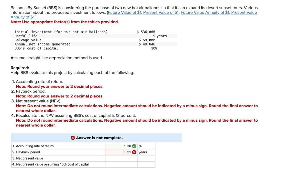 Balloons By Sunset (BBS) is considering the purchase of two new hot air balloons so that it can expand its desert sunset tours. Various
information about the proposed investment follows: (Future Value of $1, Present Value of $1, Future Value Annuity of $1, Present Value
Annuity of $1.)
Note: Use appropriate factor(s) from the tables provided.
Initial investment (for two hot air balloons)
Useful life
Salvage value
Annual net income generated
BBS's cost of capital
Assume straight line depreciation method is used.
Required:
Help BBS evaluate this project by calculating each of the following:
1. Accounting rate of return.
Note: Round your answer to 2 decimal places.
2. Payback period.
Note: Round your answer to 2 decimal places.
3. Net present value (NPV).
$ 536,000
9 years
$ 59,000
$ 49,848
10%
Note: Do not round intermediate calculations. Negative amount should be indicated by a minus sign. Round the final answer to
nearest whole dollar.
4. Recalculate the NPV assuming BBS's cost of capital is 13 percent.
Note: Do not round intermediate calculations. Negative amount should be indicated by a minus sign. Round the final answer to
nearest whole dollar.
> Answer is not complete.
1. Accounting rate of return
9.30 %
2. Payback period
3. Net present value
5..21 years
4. Net present value assuming 13% cost of capital