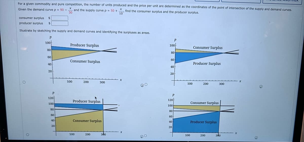 For a given commodity and pure competition, the number of units produced and the price per unit are determined as the coordinates of the point of intersection of the supply and demand curves.
Given the demand curve p = 90- and the supply curve p = 50+
X
X find the consumer surplus and the producer surplus.
30
10
consumer surplus $
producer surplus $
Illustrate by sketching the supply and demand curves and identifying the surpluses as areas.
O
P
100
80
60
40
20
P
120
100
80
60
40
20
Producer Surplus
Consumer Surplus
100
200
Producer Surplus
100
300
Consumer Surplus
200
300
X
100
80
P
60
40
20
P
120
100
80
60
40
20
100
100
Consumer Surplus
Producer Surplus
200
Consumer Surplus
Producer Surplus
200
300
300
X