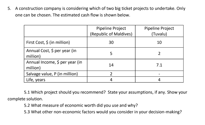 5. A construction company is considering which of two big ticket projects to undertake. Only
one can be chosen. The estimated cash flow is shown below.
Pipeline Project
Pipeline Project
(Tuvalu)
(Republic of Maldives)
First Cost, $ (in million)
30
10
Annual Cost, $ per year (in
million)
Annual Income, $ per year (in
million)
Salvage value, P (in million)
Life, years
5
14
7.1
2
4
4
5.1 Which project should you recommend? State your assumptions, if any. Show your
complete solution.
5.2 What measure of economic worth did you use and why?
5.3 What other non-economic factors would you consider in your decision-making?

