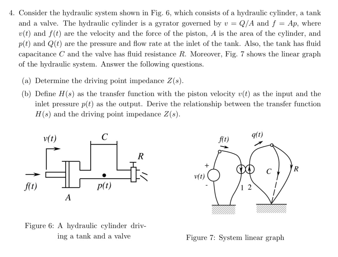 4. Consider the hydraulic system shown in Fig. 6, which consists of a hydraulic cylinder, a tank
and a valve. The hydraulic cylinder is a gyrator governed by v = Q/A and f =
Ap, where
v(t) and f(t) are the velocity and the force of the piston, A is the area of the cylinder, and
p(t) and Q(t) are the pressure and flow rate at the inlet of the tank. Also, the tank has fluid
capacitance C and the valve has fluid resistance R. Moreover, Fig. 7 shows the linear graph
of the hydraulic system. Answer the following questions.
(a) Determine the driving point impedance Z(s).
(b) Define H(s) as the transfer function with the piston velocity v(t) as the input and the
inlet pressure p(t) as the output. Derive the relationship between the transfer function
H(s) and the driving point impedance Z(s).
v(t)
f(t)
A
C
R
p(t)
q(t)
f(t)
12
Figure 6: A hydraulic cylinder driv-
ing a tank and a valve
Figure 7: System linear graph
R