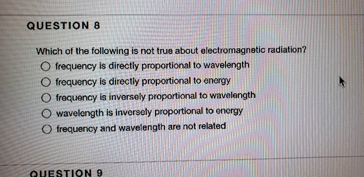 QUESTION 8
Which of the following is not true about electromagnetic radiation?
O frequency is directly proportional to wavelength
O frequency is directly proportional to energy
O frequency is inversely proportional to wavelength
O wavelength is inversely proportional to energy
O frequency and wavelength are not related
QUESTION 9
