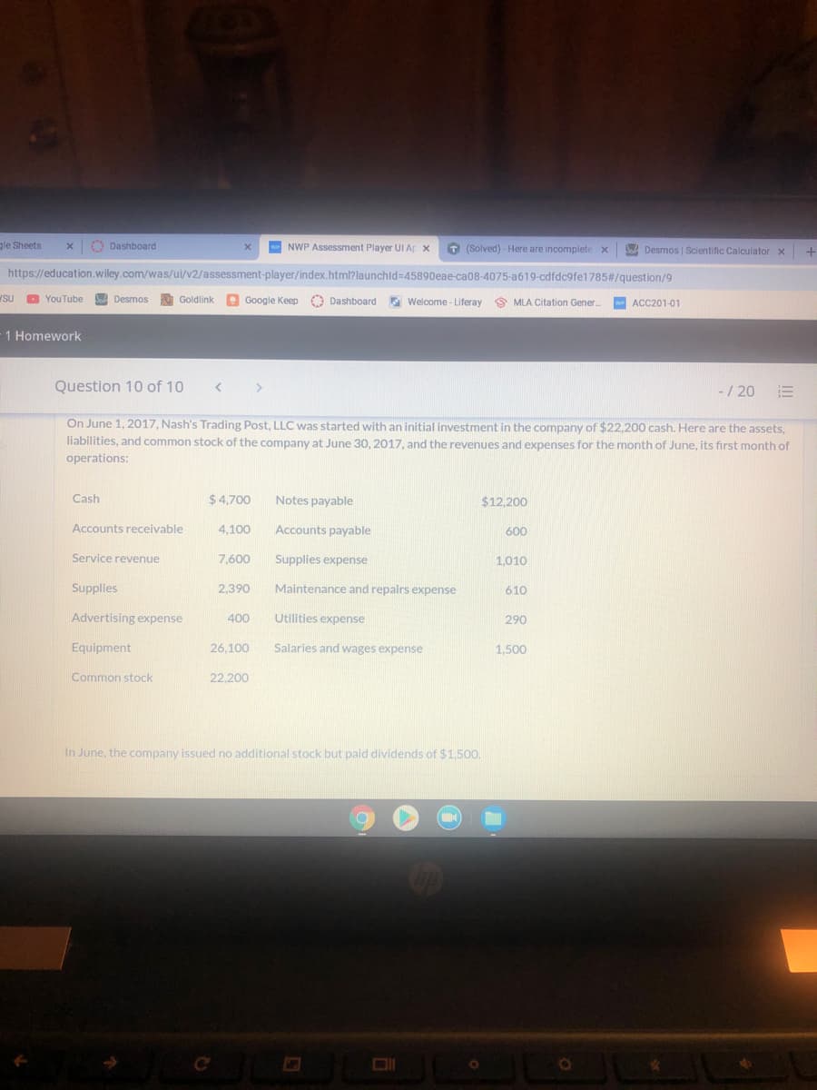 gle Sheets
x O Dashboard
NWP Assessment Player UI A X
T (Solved) - Here are incomplete x
BDesmos | Scientific Calculator x +
https://education.wiley.com/was/ui/v2/assessment-player/index.html?launchld=45890eae-ca08-4075-a619-cdfdc9fe1785#/question/9
/SU YouTube
A Desmos
Goldlink
A
Google Keep Dashboard
E Welcome - Liferay
S MLA Citation Gener.
w ACC201-01
1 Homework
Question 10 of 10
< >
-/ 20 E
On June 1, 2017, Nash's Trading Post, LLC was started with an initial investment in the company of $22,200 cash. Here are the assets,
liabilities, and common stock of the company at June 30, 2017, and the revenues and expenses for the month of June, its first month of
operations:
Cash
$ 4,700
Notes payable
$12,200
Accounts receivable
4,100
Accounts payable
600
Service revenue
7,600
Supplies expense
1.010
Supplies
2,390
Maintenance and repairs expense
610
Advertising expense
400
Utilities expense
290
Equipment
26.100
Salaries and wages expense
1.500
Common stock
22.200
In June, the company issued no additional stock but paid dividends of $1,500.
