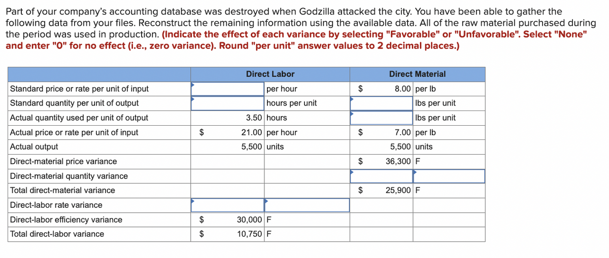 Part of your company's accounting database was destroyed when Godzilla attacked the city. You have been able to gather the
following data from your files. Reconstruct the remaining information using the available data. All of the raw material purchased during
the period was used in production. (Indicate the effect of each variance by selecting "Favorable" or "Unfavorable". Select "None"
and enter "O" for no effect (i.e., zero variance). Round "per unit" answer values to 2 decimal places.)
Standard price or rate per unit of input
Standard quantity per unit of output
Actual quantity used per unit of output
Actual price or rate per unit of input
Actual output
Direct-material price variance
Direct-material quantity variance
Total direct-material variance
Direct-labor rate variance
Direct-labor efficiency variance
Total direct-labor variance
$
$
$
Direct Labor
per hour
hours per unit
3.50 hours
21.00 per hour
5,500 units
30,000
10,750 F
$
$
$
$
Direct Material
8.00 per lb
lbs per unit
lbs per unit
7.00 per lb
5,500 units
36,300 F
25,900 F