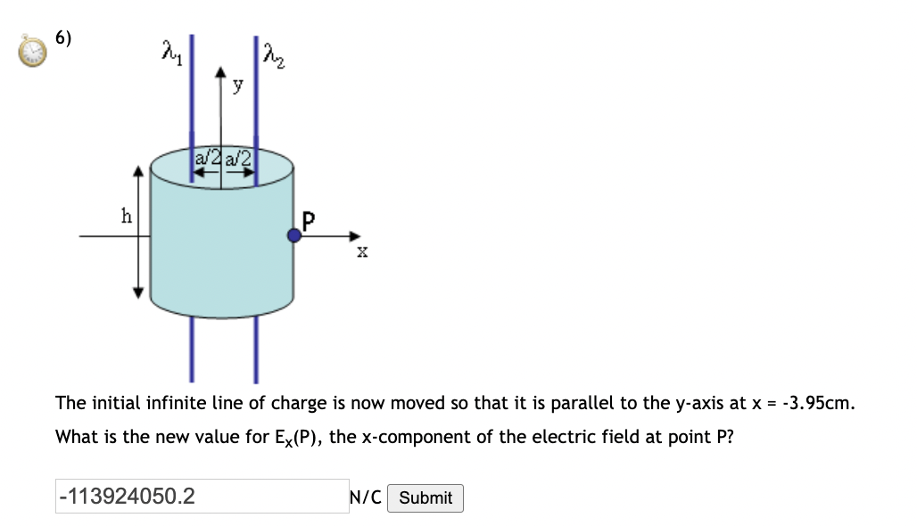 6)
h
2₁
y
a/2a/2
-113924050.2
X
The initial infinite line of charge is now moved so that it is parallel to the y-axis at x = -3.95cm.
What is the new value for Ex(P), the x-component of the electric field at point P?
N/C Submit