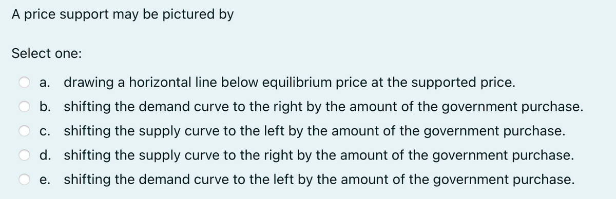 A price support may be pictured by
Select one:
a. drawing a horizontal line below equilibrium price at the supported price.
b. shifting the demand curve to the right by the amount of the government purchase.
c. shifting the supply curve to the left by the amount of the government purchase.
d. shifting the supply curve to the right by the amount of the government purchase.
e. shifting the demand curve to the left by the amount of the government purchase.