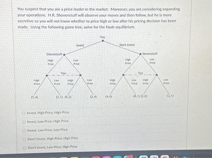 You suspect that you are a price leader in the market. Moreover, you are considering expanding
your operations. H.R. Shovenstuff will observe your moves and then follow, but he is more
secretive so you will not know whether to price high or low after his pricing decision has been
made. Using the following game tree, solve for the Nash equilibrium.
High
Price
Shovenstuff
High
Price
Low
Price
You
High
Price
(2,1) (6,2)
Invest
Low
Price
Invest, High Price, High Price
O Invest, Low Price, High Price
Invest, Low Price, Low Price
O Don't Invest, High Price, High Price
Don't Invest, Low Price, High Price
LOW
Price
(2,4)
You
High
Price
(4,4)
Don't Invest
High
Price
Low
Price
Shovenstuff
Low
Price
You
High
Price
(8,1) (2.6)
Low
Price
(2,1)