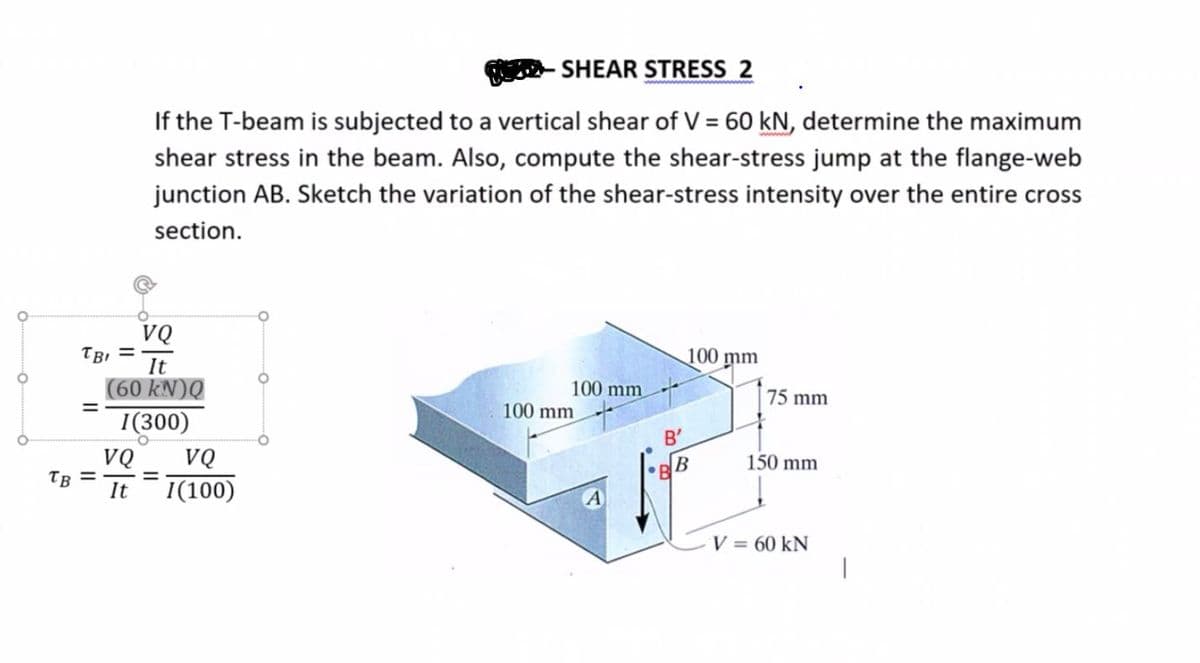 SHEAR STRESS 2
If the T-beam is subjected to a vertical shear of V = 60 kN, determine the maximum
shear stress in the beam. Also, compute the shear-stress jump at the flange-web
junction AB. Sketch the variation of the shear-stress intensity over the entire cross
section.
VQ
TRỊ =
It
100 mm
(60 kN)Q
100 mm
75 mm
100 mm
I(300)
B'
VQ
TB =
VQ
150 mm
It
I(100)
A
V = 60 kN
