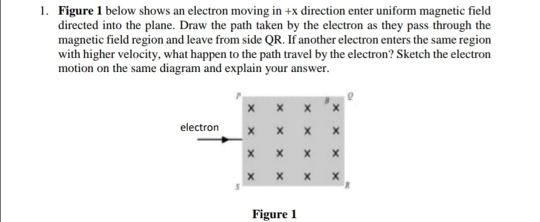 1. Figure 1 below shows an electron moving in +x direction enter uniform magnetic field
directed into the plane. Draw the path taken by the electron as they pass through the
magnetic field region and leave from side QR. If another electron enters the same region
with higher velocity, what happen to the path travel by the electron? Sketch the electron
motion on the same diagram and explain your answer.
electron
Figure 1
