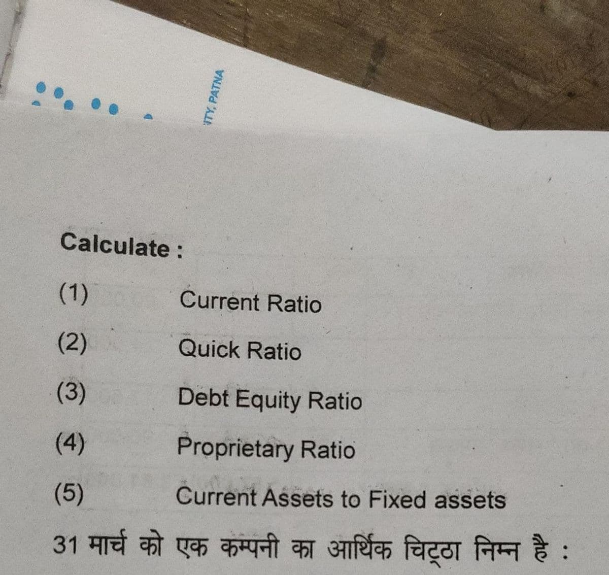 Calculate
:
ITY, PATNA
(1)
(2)
(3)
(4)
(5)
Current Assets to Fixed assets
31 मार्च को एक कम्पनी का आर्थिक चिट्ठा निम्न है :
Current Ratio
Quick Ratio
Debt Equity Ratio
Proprietary Ratio