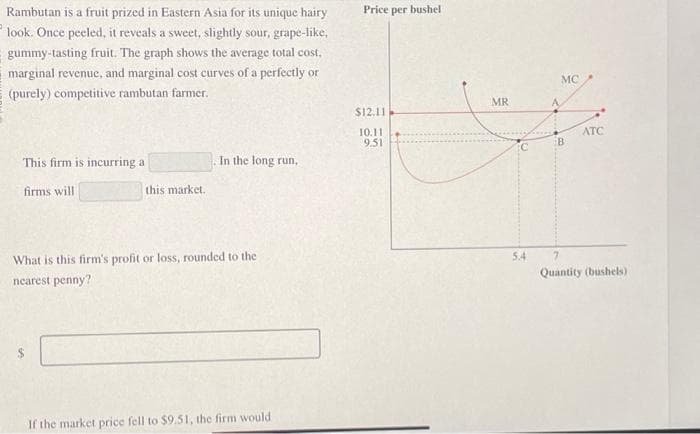 Rambutan is a fruit prized in Eastern Asia for its unique hairy
look. Once peeled, it reveals a sweet, slightly sour, grape-like,
gummy-tasting fruit. The graph shows the average total cost,
marginal revenue, and marginal cost curves of a perfectly or
(purely) competitive rambutan farmer.
This firm is incurring a
firms will
this market.
In the long run,
What is this firm's profit or loss, rounded to the
nearest penny?
If the market price fell to $9.51, the firm would
Price per bushel
$12.11
10.11
9.51
MR
C
5.4
A
MC
B
ATC
7
Quantity (bushels)