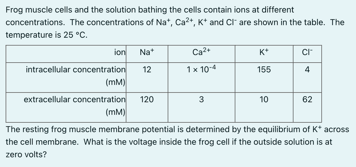 Frog muscle cells and the solution bathing the cells contain ions at different
concentrations. The concentrations of Na+, Ca²+, K+ and CI¯ are shown in the table. The
temperature is 25 °C.
ion
intracellular concentration
(MM)
Na+
12
extracellular concentration 120
Ca²+
x 10-4
3
K+
155
10
CI™
4
62
(MM)
The resting frog muscle membrane potential is determined by the equilibrium of K+ across
the cell membrane. What is the voltage inside the frog cell if the outside solution is at
zero volts?