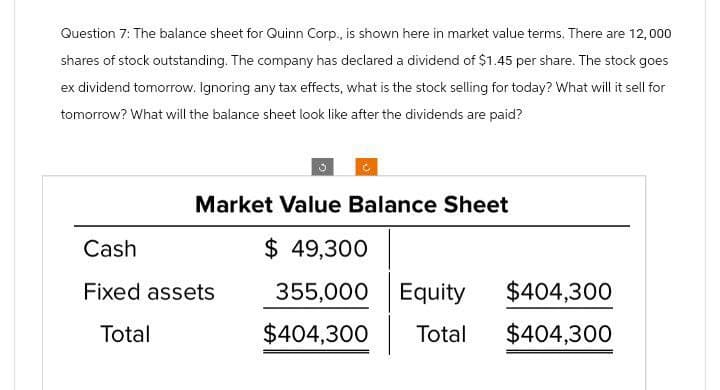 Question 7: The balance sheet for Quinn Corp., is shown here in market value terms. There are 12,000
shares of stock outstanding. The company has declared a dividend of $1.45 per share. The stock goes
ex dividend tomorrow. Ignoring any tax effects, what is the stock selling for today? What will it sell for
tomorrow? What will the balance sheet look like after the dividends are paid?
Market Value Balance Sheet
$ 49,300
355,000 Equity $404,300
Cash
Fixed assets
Total
$404,300
Total $404,300