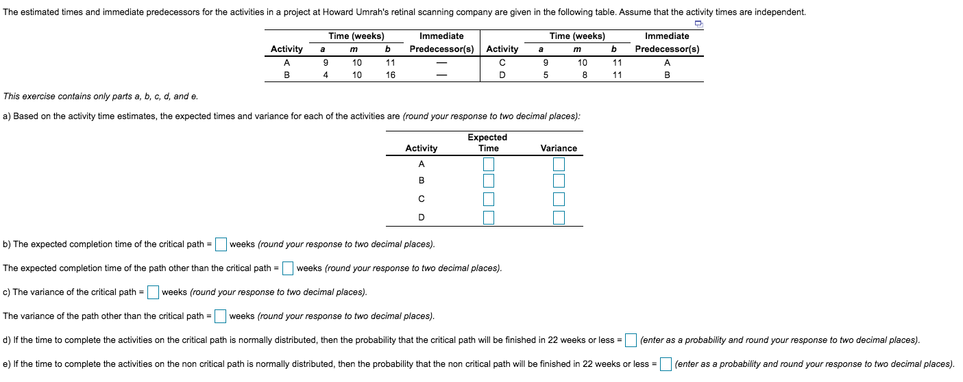 The estimated times and immediate predecessors for the activities in a project at Howard Umrah's retinal scanning company are given in the following table. Assume that the activity times are independent.
Immediate
Predecessor(s)
Time (weeks)
Time (weeks)
Immediate
Predecessor(s)
Activity
Activity
10
10
11
16
10
11
11
A
4
в
This exercise contains only parts a, b, c, d, and e.
a) Based on the activity time estimates, the expected times and variance for each of the activities are (round your response to two decimal places):
Expected
Time
Activity
A
Variance
b) The expected completion time of the critical path =
weeks (round your response to two decimal places).
The expected completion time of the path other than the critical path
weeks (round your response to two decimal places).
=
c) The
variance of the critical path =
weeks (round your response to two decimal places).
The variance of the path other than the critical path =
weeks (round your response to two decimal places).
d) If the time to complete the activities on the critical path is normally distributed, then the probability that the critical path will be finished in 22 weeks or less =
(enter as a probability and round your response to two decimal places).
e) If the time to complete the activities on the non critical path is normally distributed, then the probability that the non critical path will be finished in 22 weeks or less =
(enter as a probability and round your response to two decimal places).
