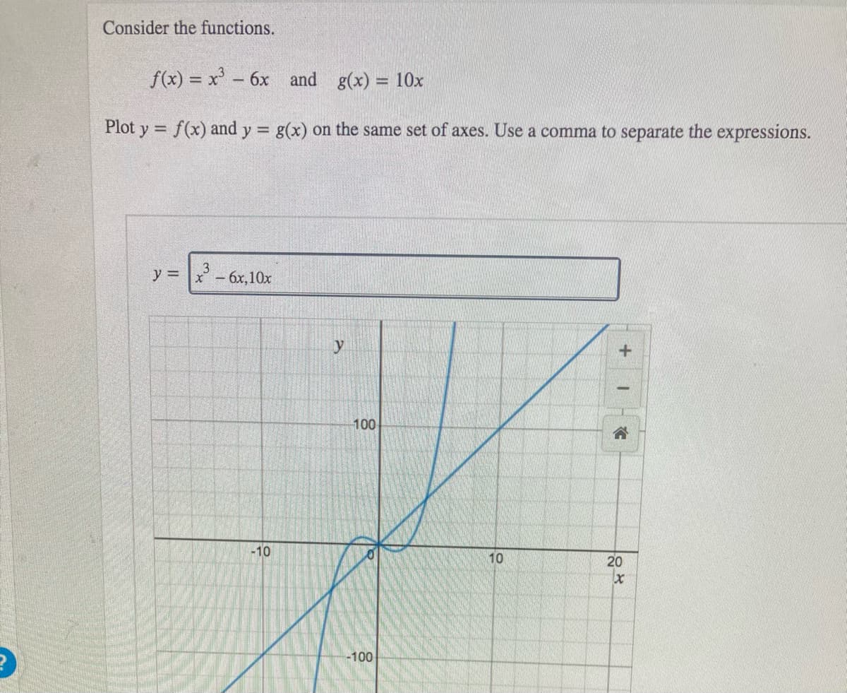 Consider the functions.
f(x) = x'- 6x and g(x) = 10x
%3D
Plot y = f(x) and y = g(x) on the same set of axes. Use a comma to separate the expressions.
y = x -
3.
6x,10x
y
100
-10
10
20
-100
