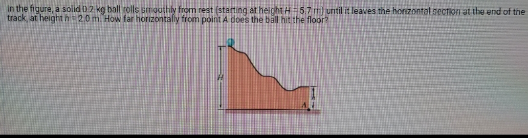 In the figure, a solid 0.2 kg ball rolls smoothly from rest (starting at height H = 57 m) until it leaves the horizontal section at the end of the
track, at height h = 2.0 m. How far horizontally from point A does the ball hit the floor?
