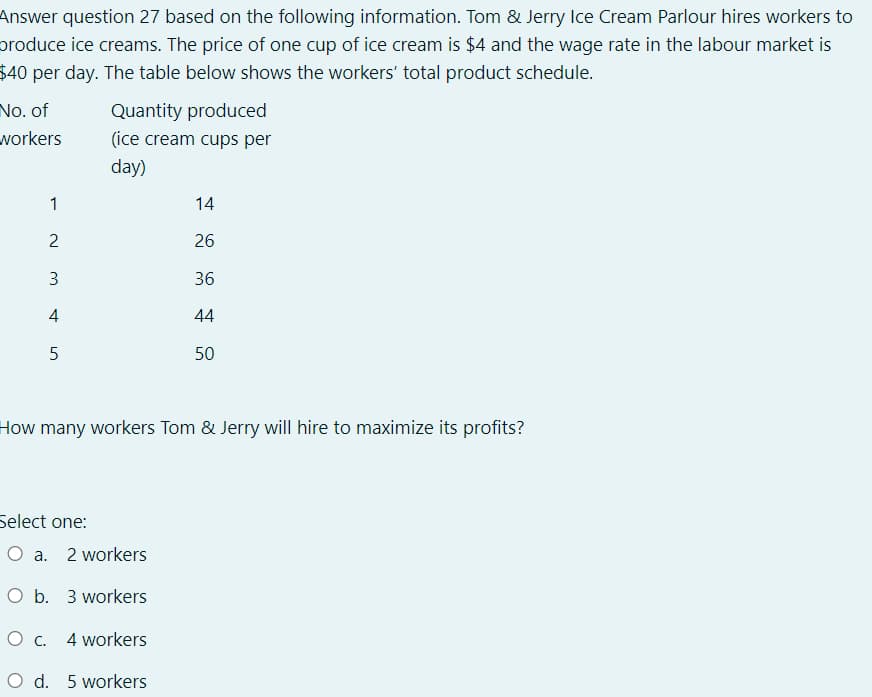 Answer question 27 based on the following information. Tom & Jerry Ice Cream Parlour hires workers to
produce ice creams. The price of one cup of ice cream is $4 and the wage rate in the labour market is
$40 per day. The table below shows the workers' total product schedule.
No. of
Quantity produced
workers
(ice cream cups per
day)
1
14
2
26
3
36
4
44
5
50
How many workers Tom & Jerry will hire to maximize its profits?
Select one:
O a. 2 workers
O b. 3 workers
O c. 4 workers
O d. 5 workers
