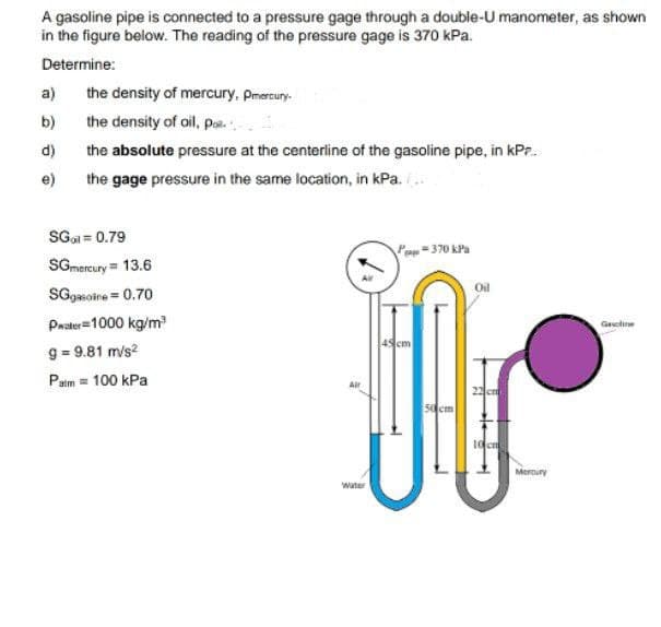 A gasoline pipe is connected to a pressure gage through a double-U manometer, as shown
in the figure below. The reading of the pressure gage is 370 kPa.
Determine:
a)
the density of mercury, Pmercury-
b)
the density of oil, poa.
d)
the absolute pressure at the centerline of the gasoline pipe, in kPr.
e)
the gage pressure in the same location, in kPa.
SGa = 0.79
Po=370 kPa
SGmercury= 13.6
Oil
SGgasoine = 0.70
Paster=1000 kg/m
Gavoline
g = 9.81 m/s?
Patm = 100 kPa
50 cm
Meroury
Water
