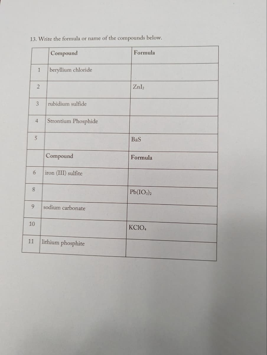 13. Write the formula or name of the compounds below.
1
6
2
5
8
10
3 rubidium sulfide
Compound
4 Strontium Phosphide
beryllium chloride
Compound
iron (III) sulfite
9 sodium carbonate
11 lithium phosphite
Formula
Znl₂
BaS
Formula
Pb(IO3)2
KC1O4