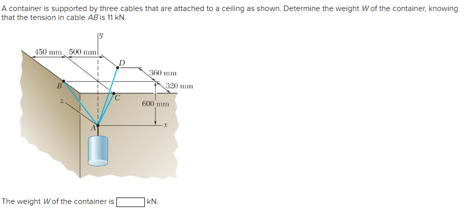 A container is supported by three cables that are attached to a ceiling as shown. Determine the weight W of the container, knowing
that the tension in cable AB is 11 KN.
450 mm 500 mm
B
D
360 mm
320 mm
600 mm
The weight W of the container is
KN.