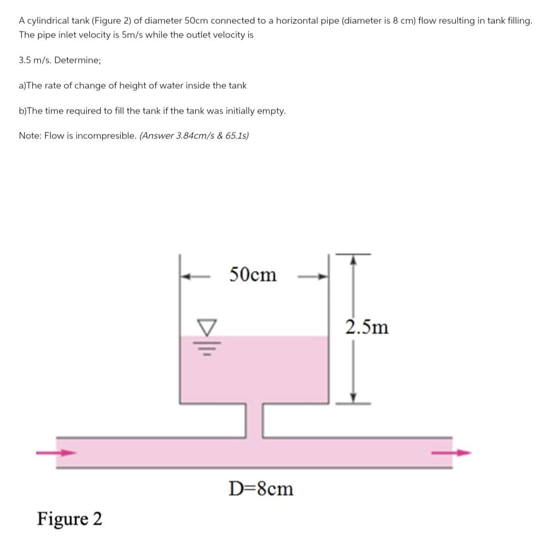 A cylindrical tank (Figure 2) of diameter 50cm connected to a horizontal pipe (diameter is 8 cm) flow resulting in tank filling.
The pipe inlet velocity is 5m/s while the outlet velocity is
3.5 m/s. Determine;
a)The rate of change of height of water inside the tank
b)The time required to fill the tank if the tank was initially empty.
Note: Flow is incompresible. (Answer 3.84cm/s & 65.1s)
Figure 2
Alli
50cm
D=8cm
2.5m