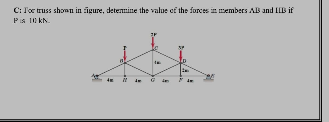 C: For truss shown in figure, determine the value of the forces in members AB and HB if
P is 10 kN.
2P
3P
B
4m
2m
Ag
4m
4m
G
4m
F 4m
