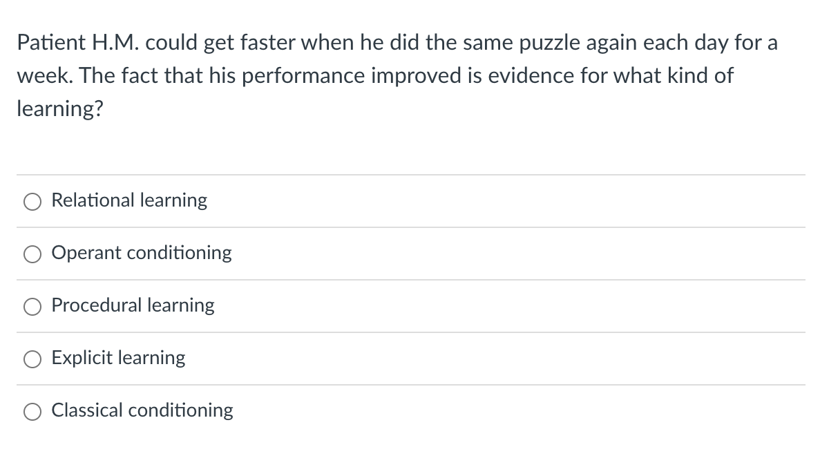 Patient H.M. could get faster when he did the same puzzle again each day for a
week. The fact that his performance improved is evidence for what kind of
learning?
Relational learning
Operant conditioning
Procedural learning
Explicit learning
Classical conditioning