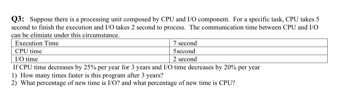 Q3: Suppose there is a processing unit composed by CPU and I/O component. For a specific task, CPU takes 5
second to finish the execution and I/O takes 2 second to process. The communication time between CPU and I/O
can be elimiate under this circumstance.
Execution Time
7 second
5second
2 second
CPU time
I/O time
If CPU time decreases by 25% per year for 3 years and I/O time decreases by 20% per year
1) How many times faster is this program after 3 years?
2) What percentage of new time is I/O? and what percentage of new time is CPU?