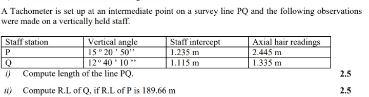 A Tachometer is set up at an intermediate point on a survey line PQ and the following observations
were made on a vertically held staff.
Staff intercept
1.235 m
1.115 m
Axial hair readings
2.445 m
1.335 m
Staff station
Vertical angle
15° 20 ' 50"
12° 40 ' 10 "
i) Compute length of the line PQ.
2.5
ii) Compute R.L of Q, if R.L of P is 189.66 m
2.5
